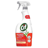 A white 700ml spray bottle of Cif Power & Shine Kitchen Cleaner features red and green labels, a new fragrance message, and claims to remove 100% of tough grease for effective kitchen cleaning.